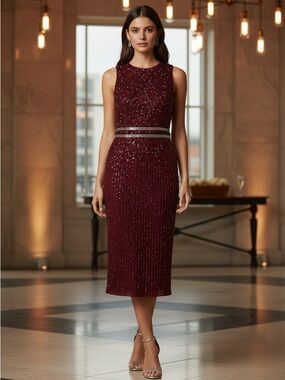 Mac Duggal 10509 Burgundy Sleeveless High Neck Beaded Midi Sheath Dress MOTB 6